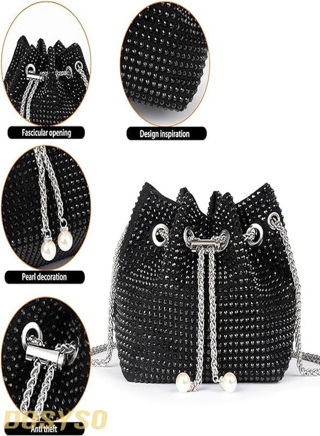 DOSYSO Rhinestone Bucket Bag Mini Evening Handbags Crystal Clutch For Women Drawstring Crossbody Sling Bags with Chain Stylish Potli Bags Ladies Glitter Purse Wallet for Party Wedding Bling (Black) - Image 4